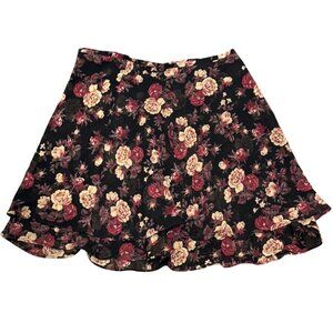 Express Floral Print Womens M Tiered Ruffle Skirt Black Red Polyester